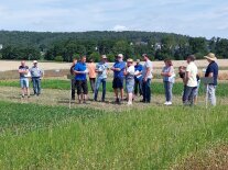 Eine Gruppe Interessierter vor den Parzellen