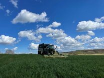 Ein Traktor mit Ladewagen mäht Klee- und Ackergras.